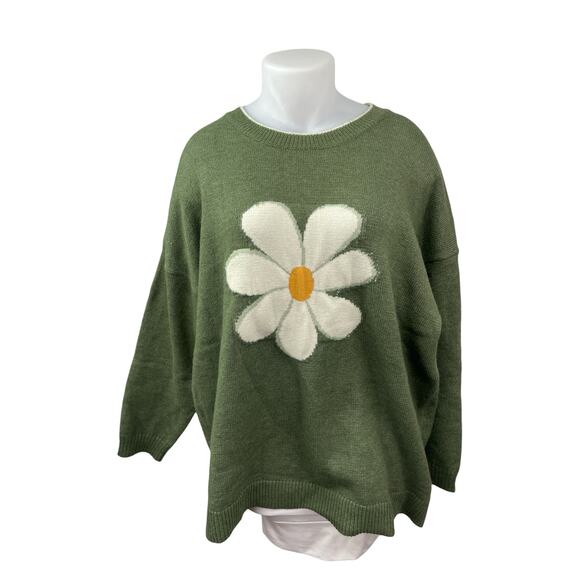 BloomChic Sweaters - Bloomchic Women Green Floral Daisy Long Sleeve Knit Crew Neck Sweater Top 22/24